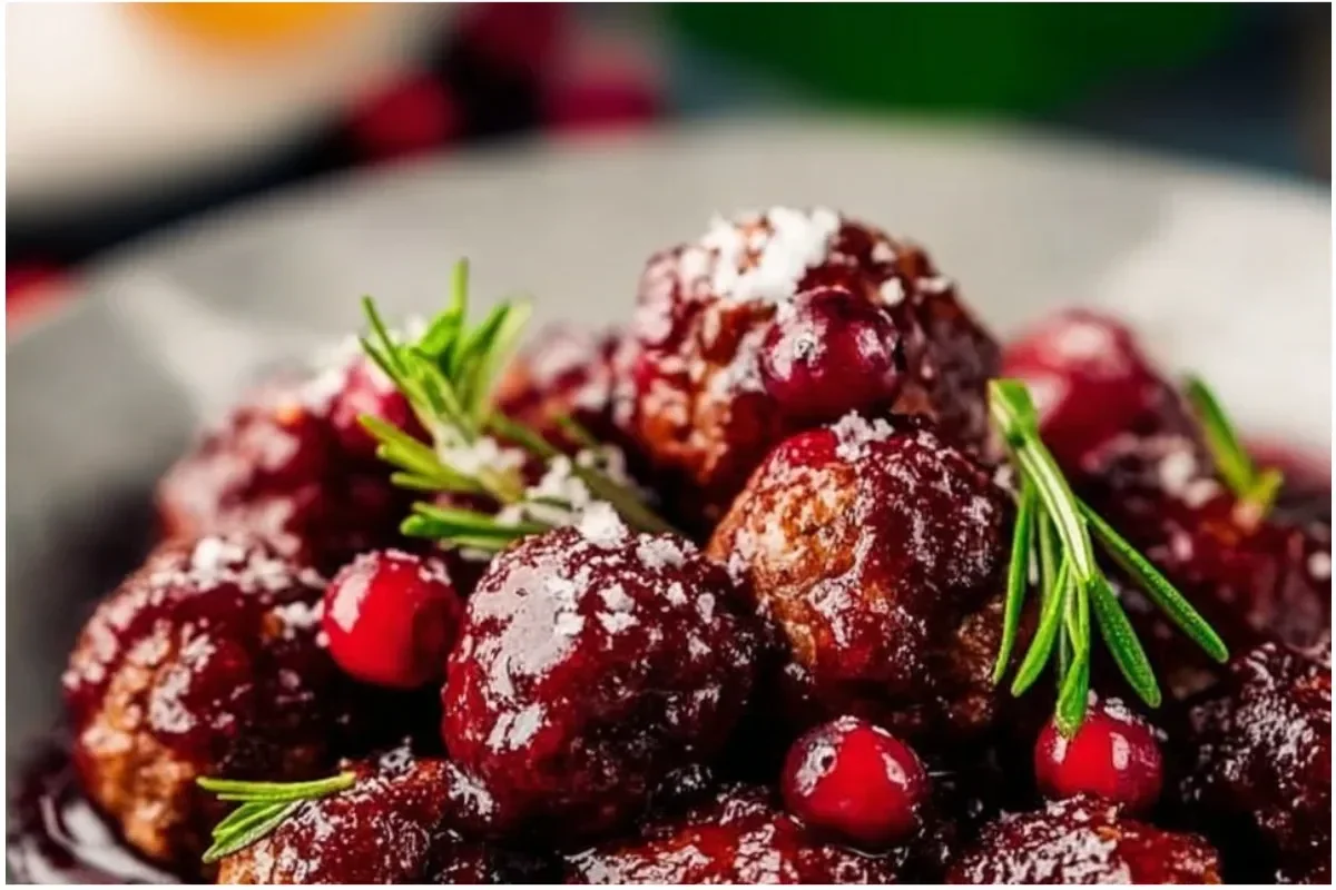 Delicious Christmas Cranberry Meatballs ready for the holiday table