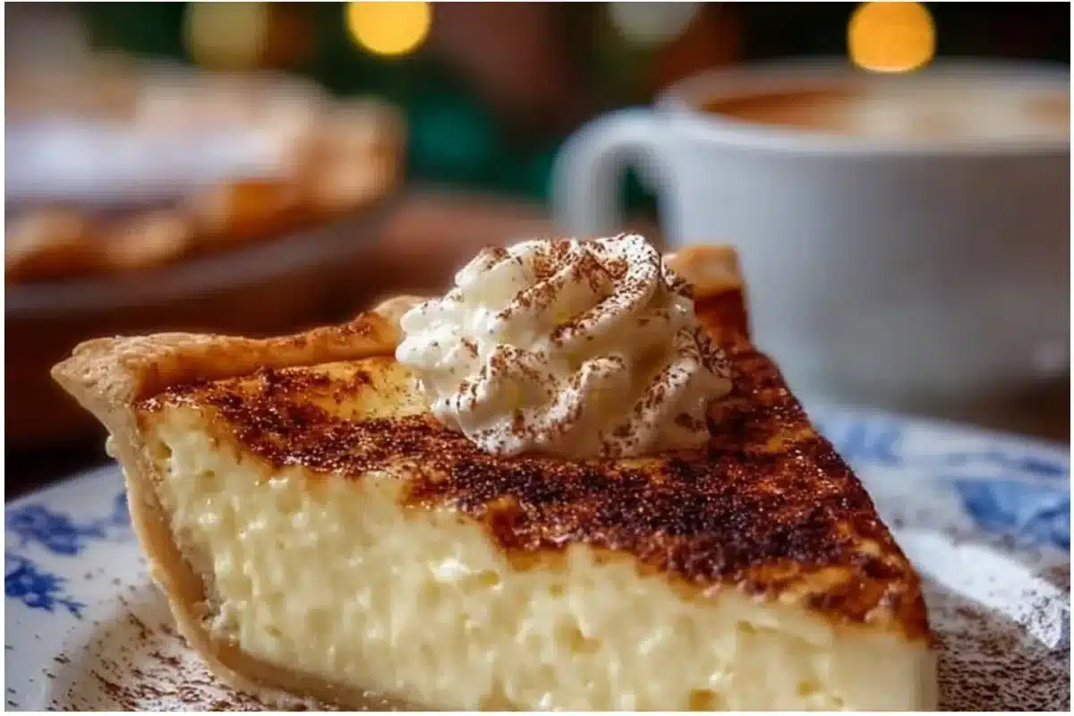 Delicious Christmas Eve cinnamon-vanilla custard pie topped with festive decorations