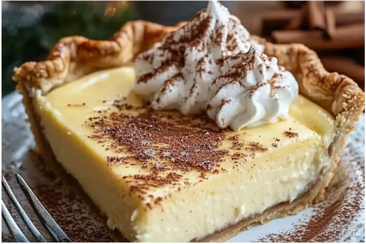Delicious Christmas Eve Cinnamon-Vanilla Custard Pie served with festive decorations