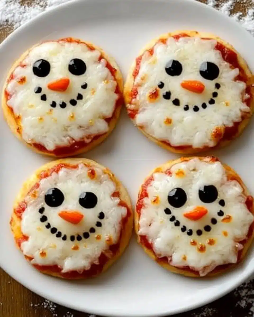 Festive mini snowman pizzas decorated for Christmas celebrations.