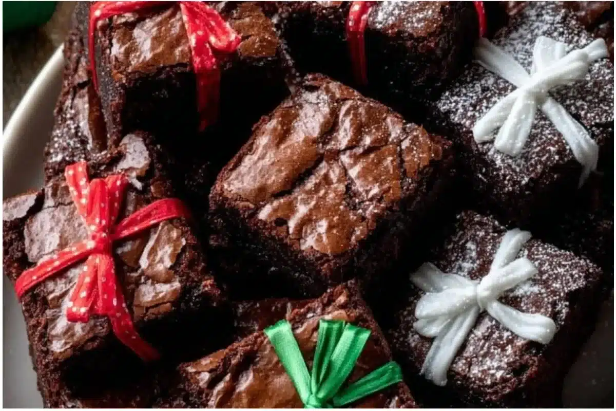 Christmas present brownies decorated for the festive season