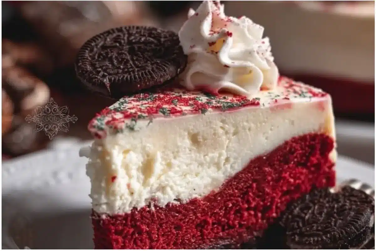 Christmas Red Velvet Cheesecake decorated with festive toppings