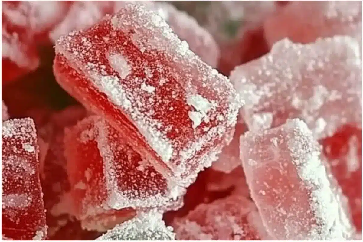 Colorful Christmas rock candy in festive shapes and flavors