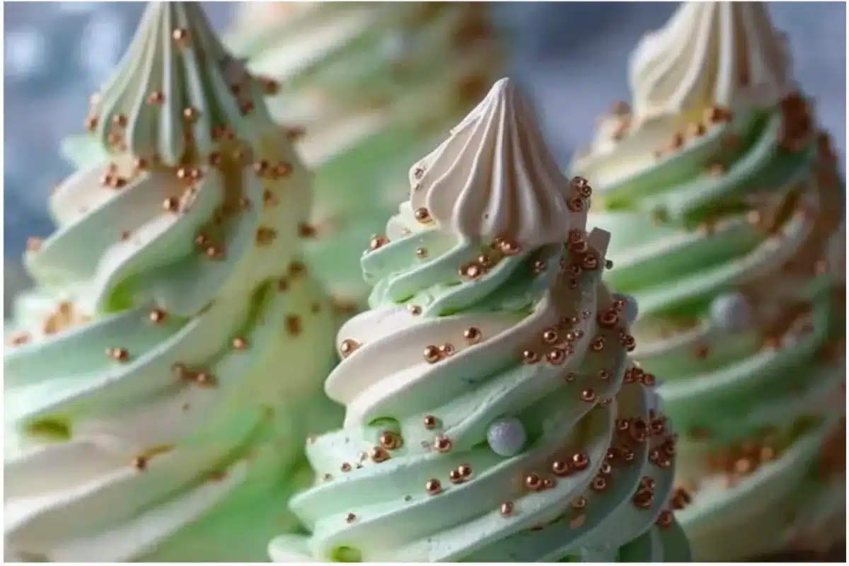 Colorful Christmas Tree Meringues on a festive holiday platter