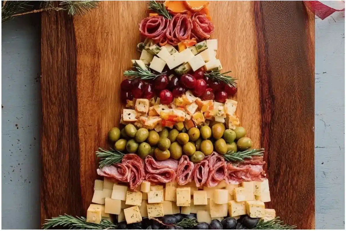 Christmas Tree Shaped Charcuterie Board featuring seasonal cheeses and fruits