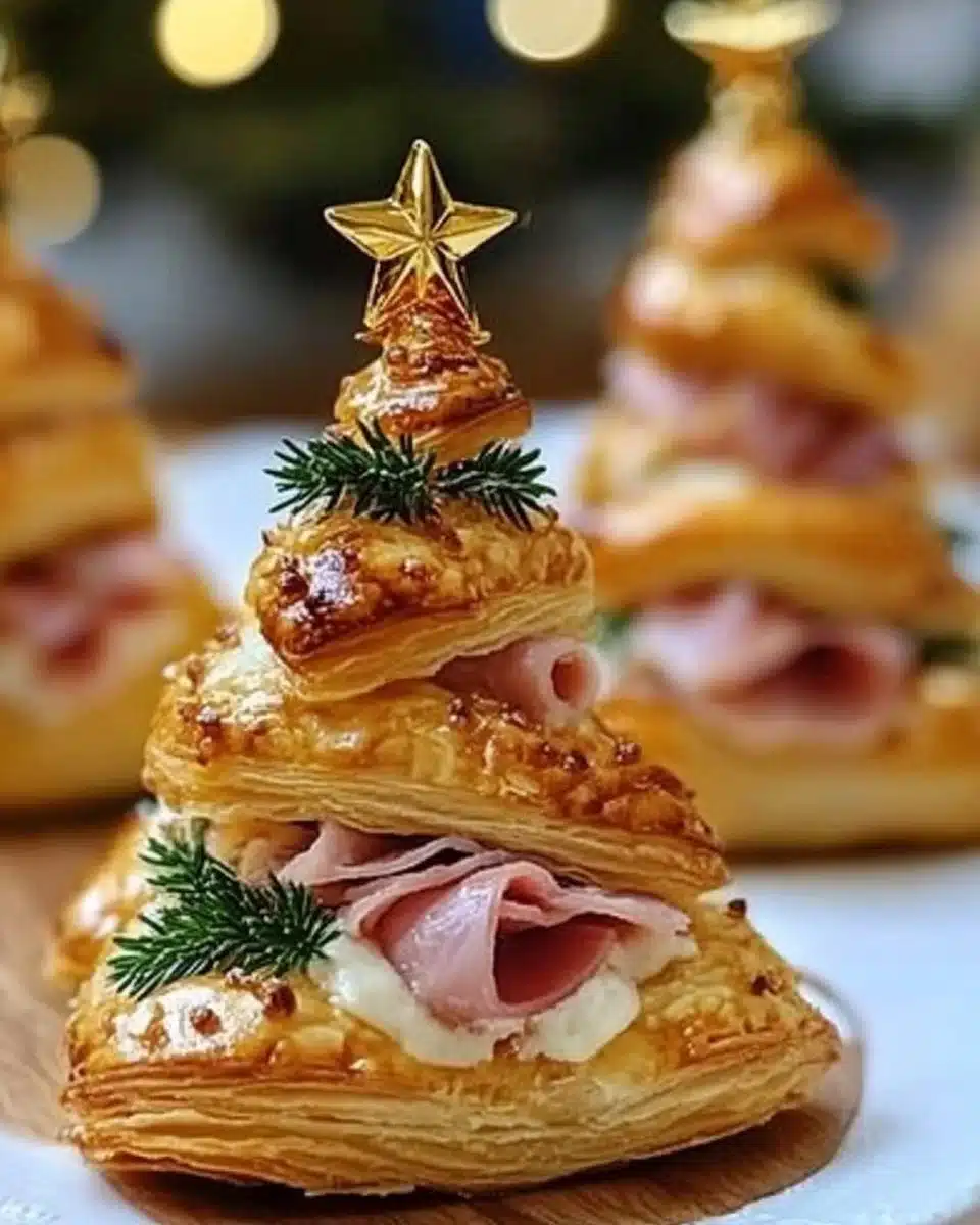 Festive Christmas Trees ham and cheese puff pastry snacks for holiday celebrations.