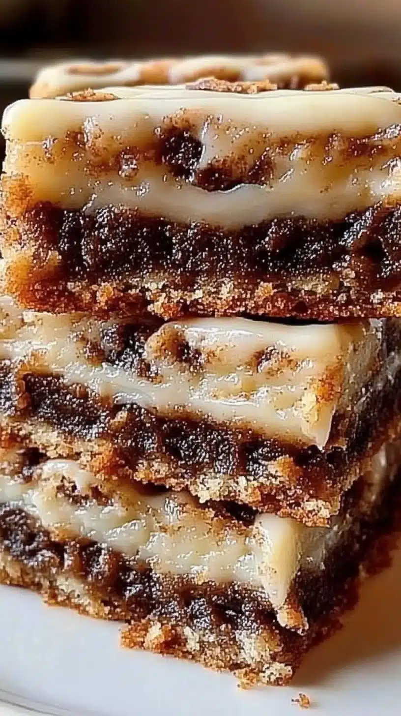 Delicious Cinnamon Roll Bliss Bars drizzled with icing on a wooden table