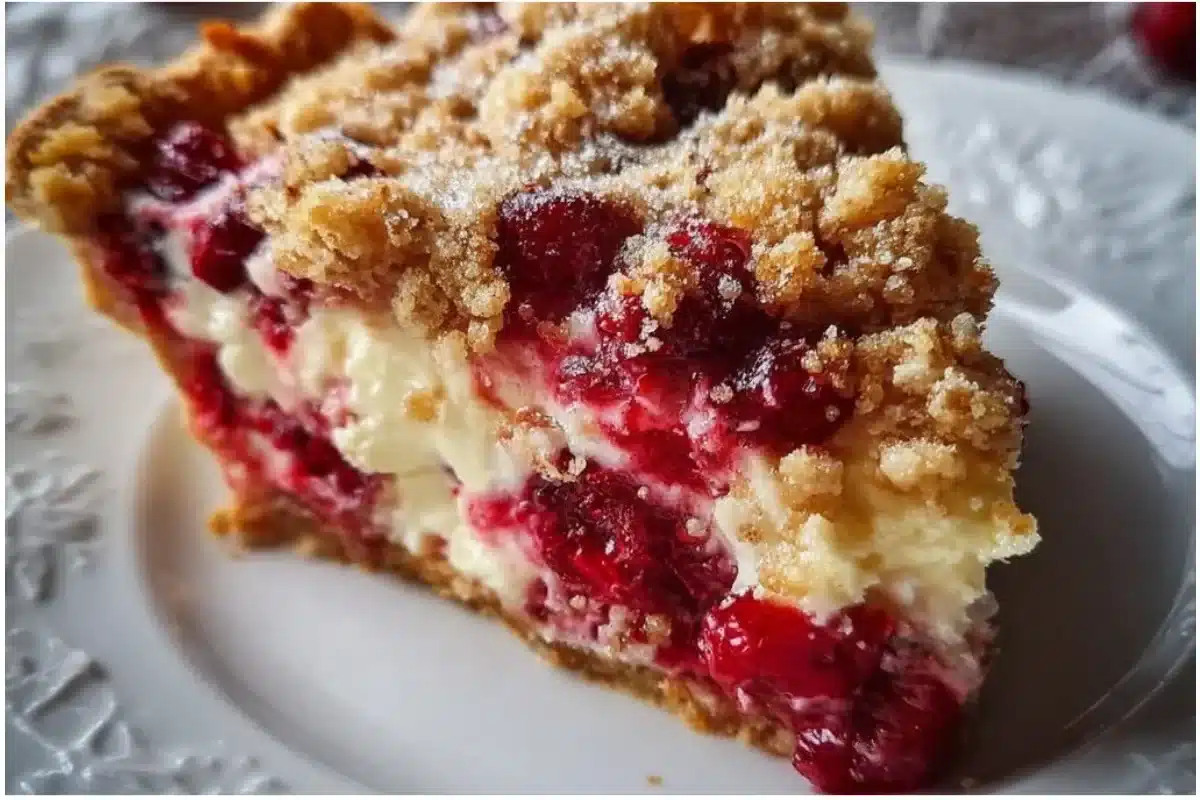Delicious Cranberry Cream Cheese Crumb Pie with a golden crust and vibrant topping