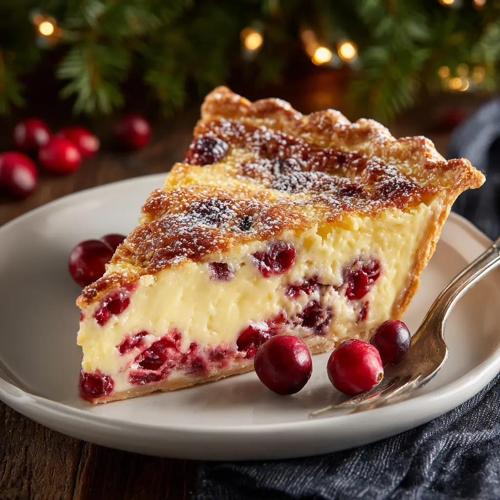 Delicious Cranberry Custard Pie served with whipped cream and a slice cut out.