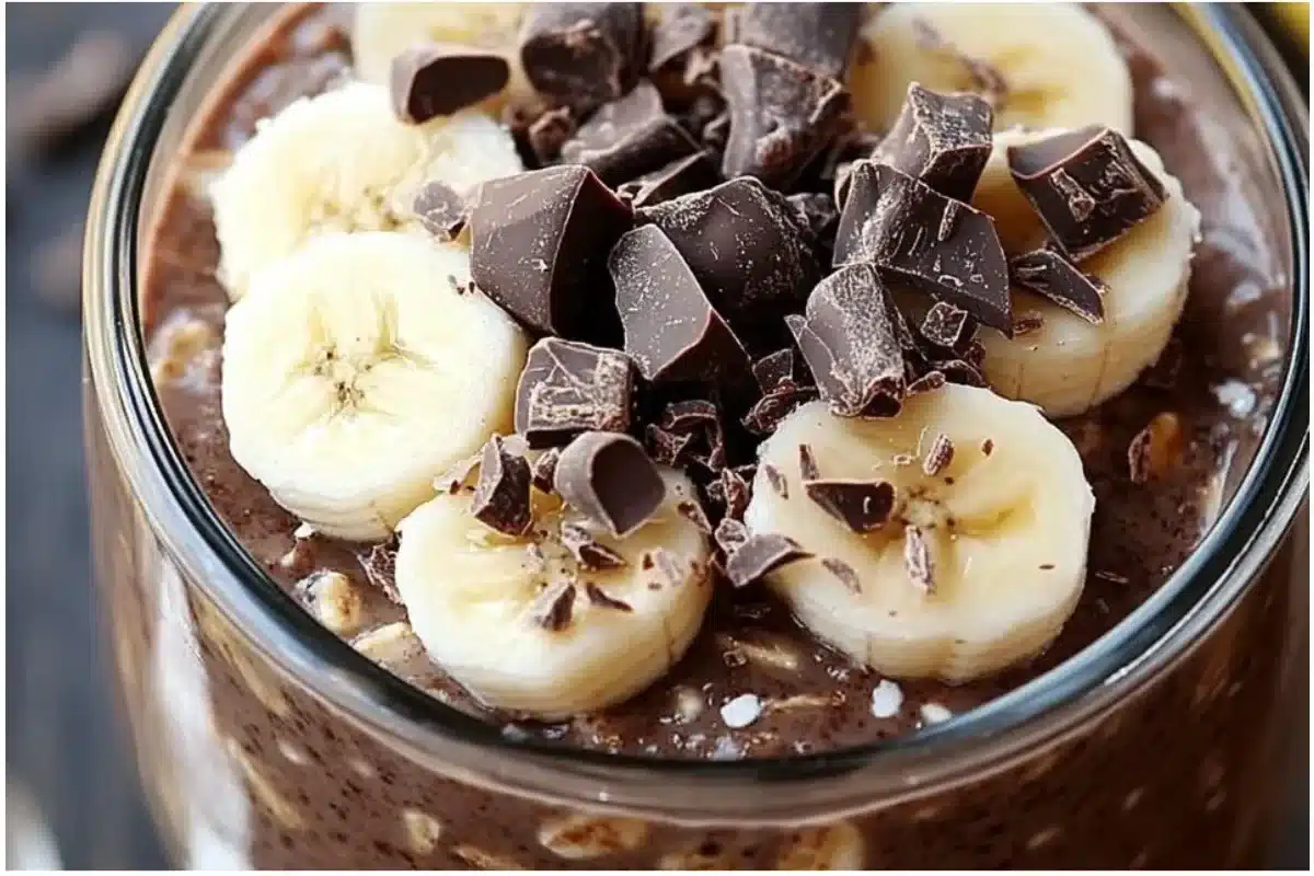Creamy chocolate banana overnight oats served in a bowl with fresh banana slices