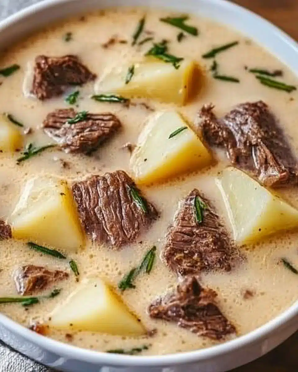 Creamy steak potato soup with tender pieces of steak and fresh potatoes