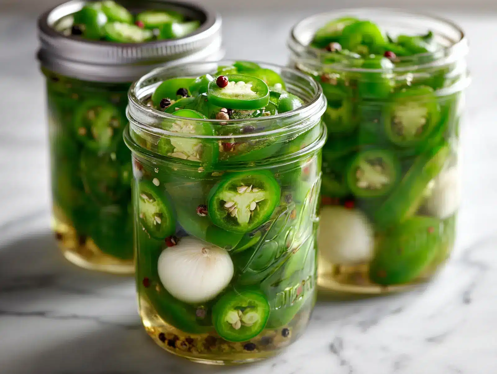 Four pint jars of crisp pickled jalapeño slices with visible garlic cloves and black peppercorns in vinegar brine