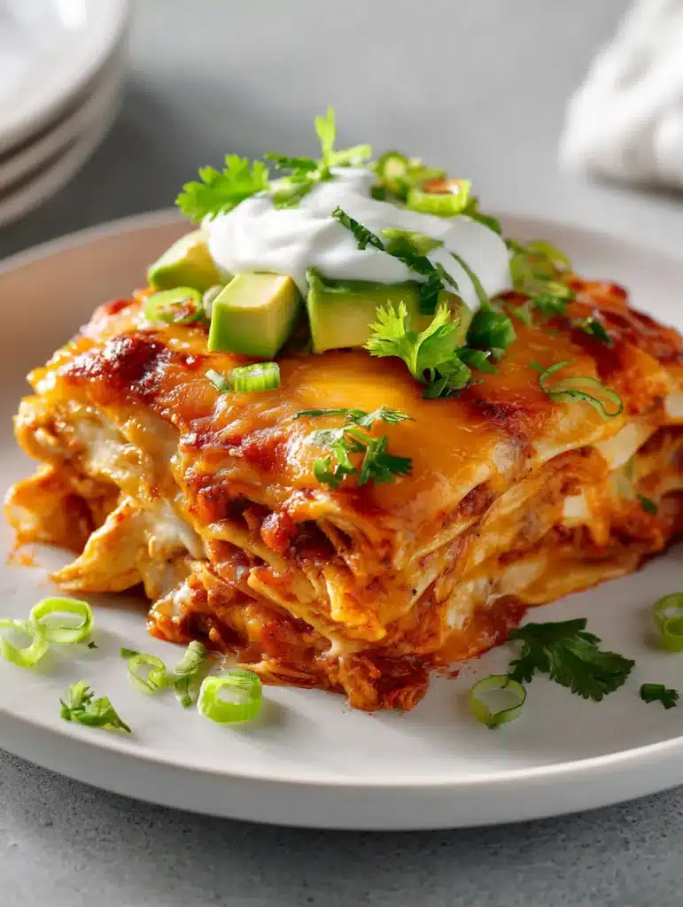 crock-pot-enchilada-casserole-served-with-toppings plated crock pot enchilada casserole with sour cream and toppings