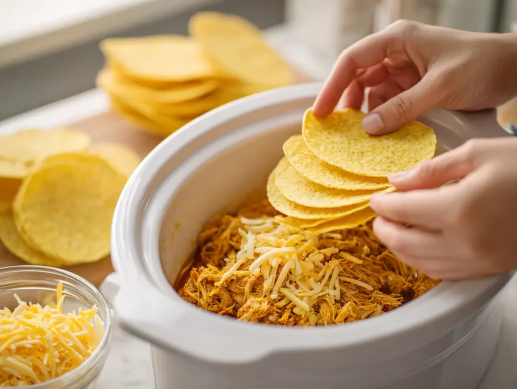crockpot-enchilada-casserole-adding-tortillas-cheese adding corn tortillas to crockpot enchilada casserole chicken mixture