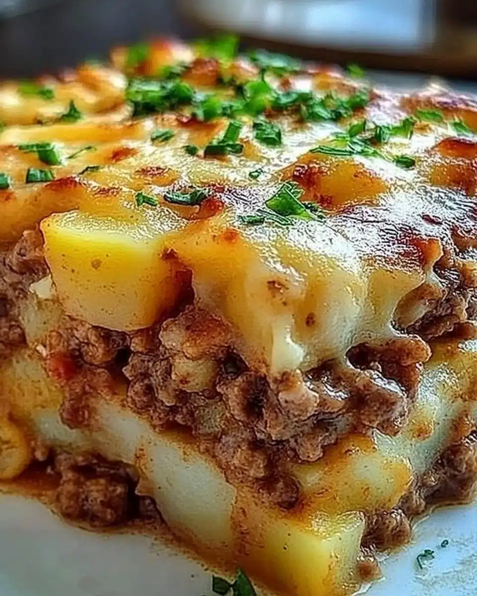 Crockpot Hamburger Potato Casserole served in a dish with melted cheese on top
