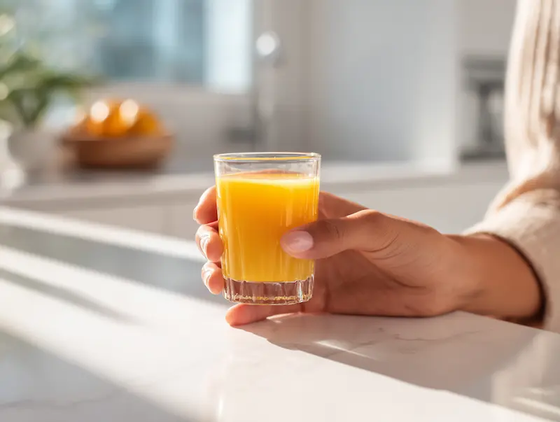 Woman drinking lemon ginger cayenne shot in bright modern kitchen as part of morning wellness routine
