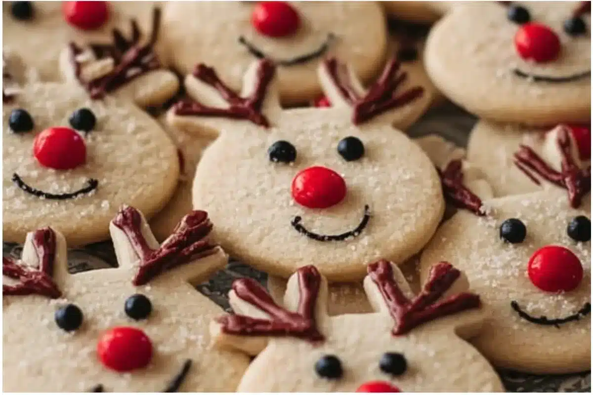 Decorated easy reindeer sugar cookies for holiday celebrations