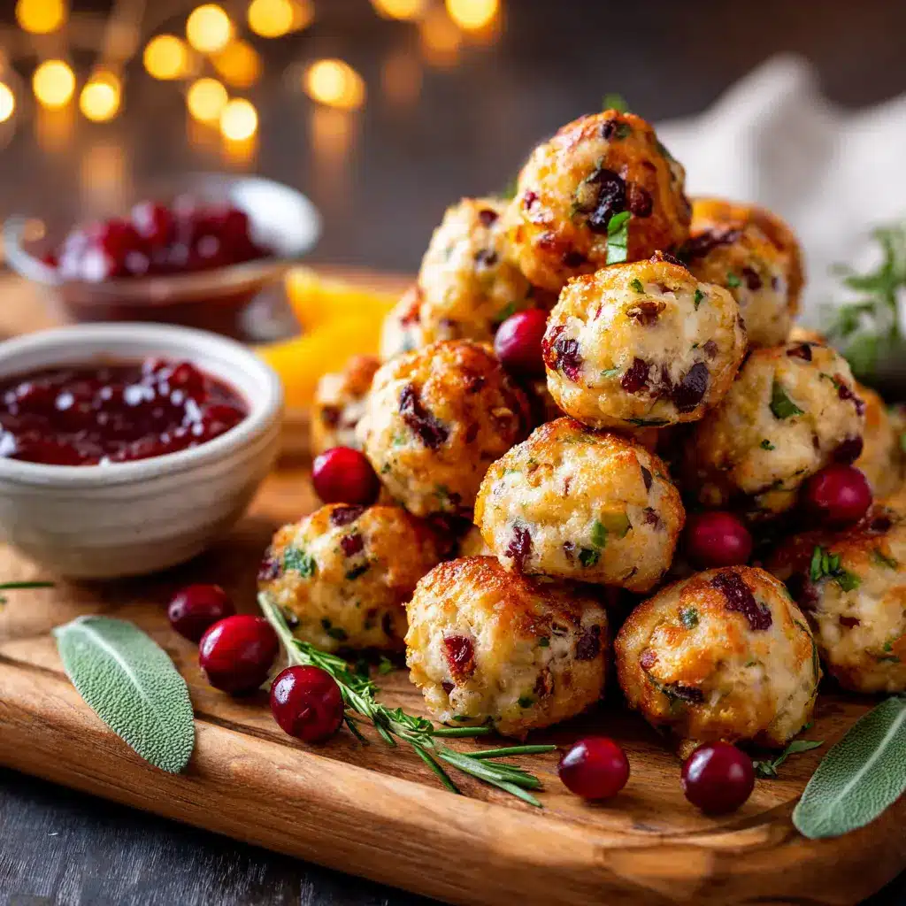 Festive cranberry turkey stuffing balls on a holiday serving platter