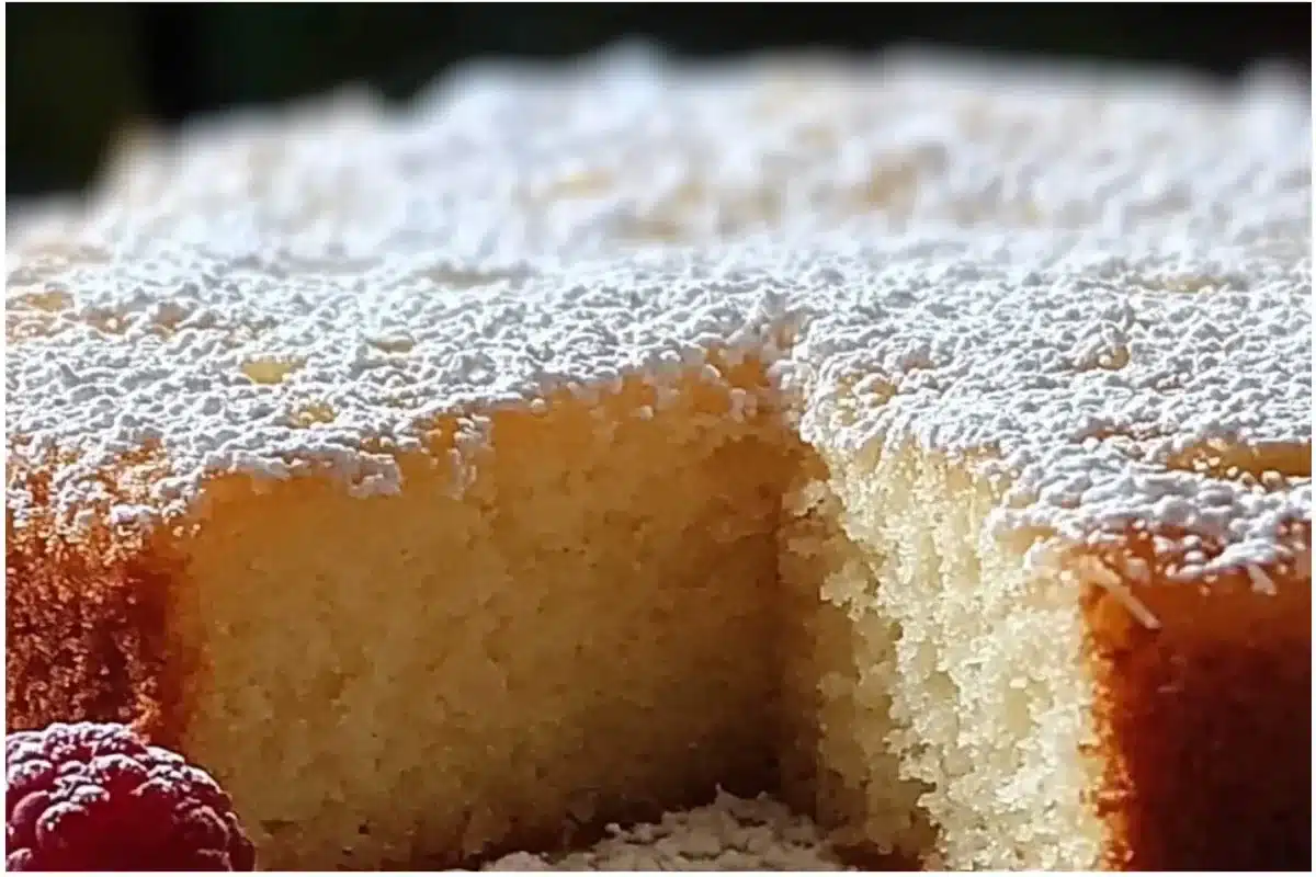 Flourless Coconut Greek Yogurt Cake topped with coconut and fruit garnishes