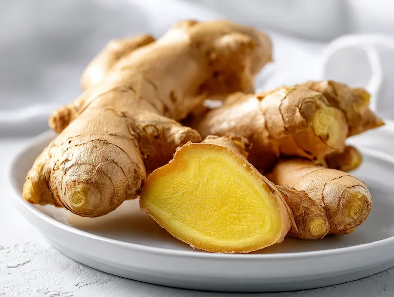 Fresh ginger root for lemon ginger cayenne shot showing knobby texture and golden interior on white surface