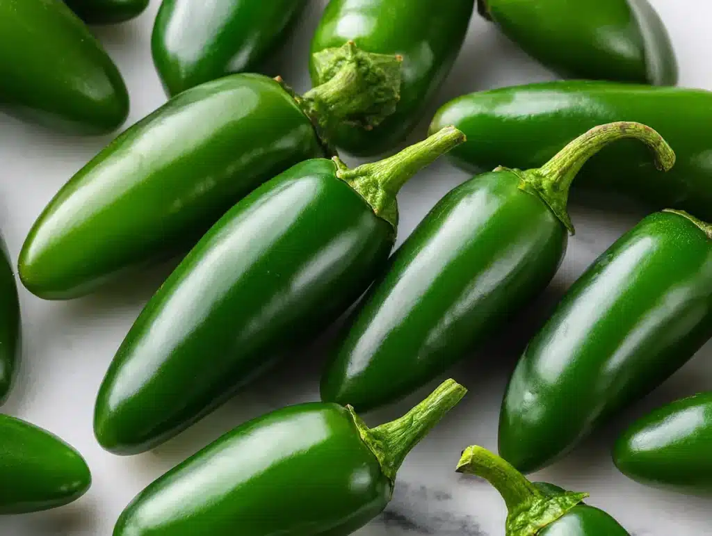 Close-up of fresh green jalapeño peppers ready for pickling and canning