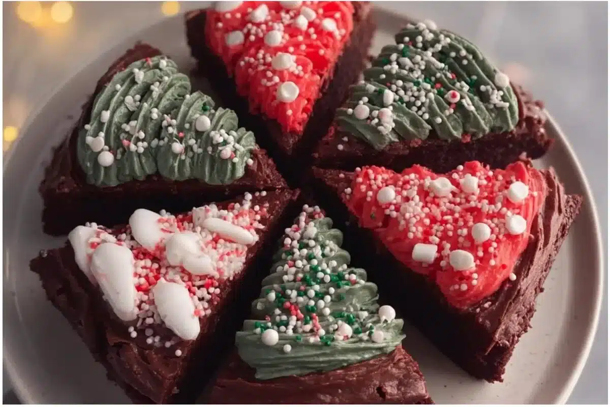 Delicious frosted Christmas brownies topped with festive decorations