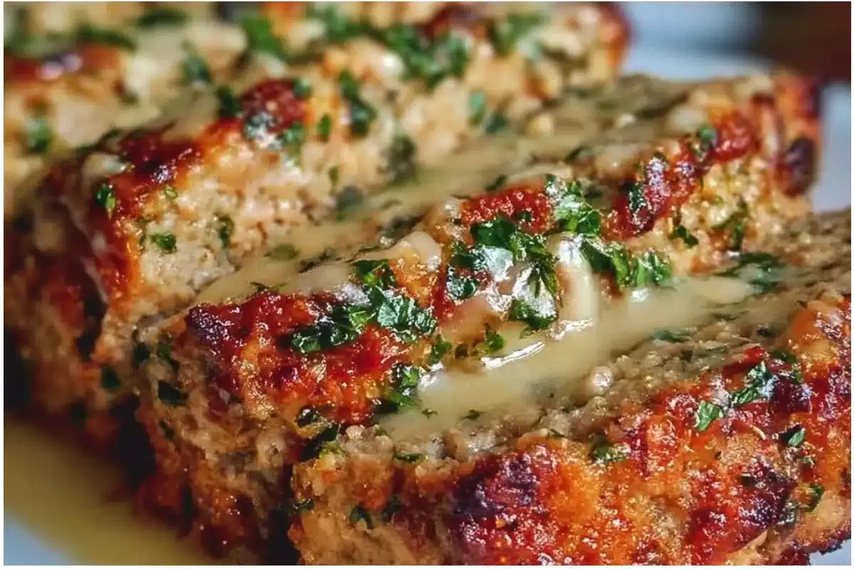 Garlic Parmesan Chicken Meatloaf served on a plate with herbs