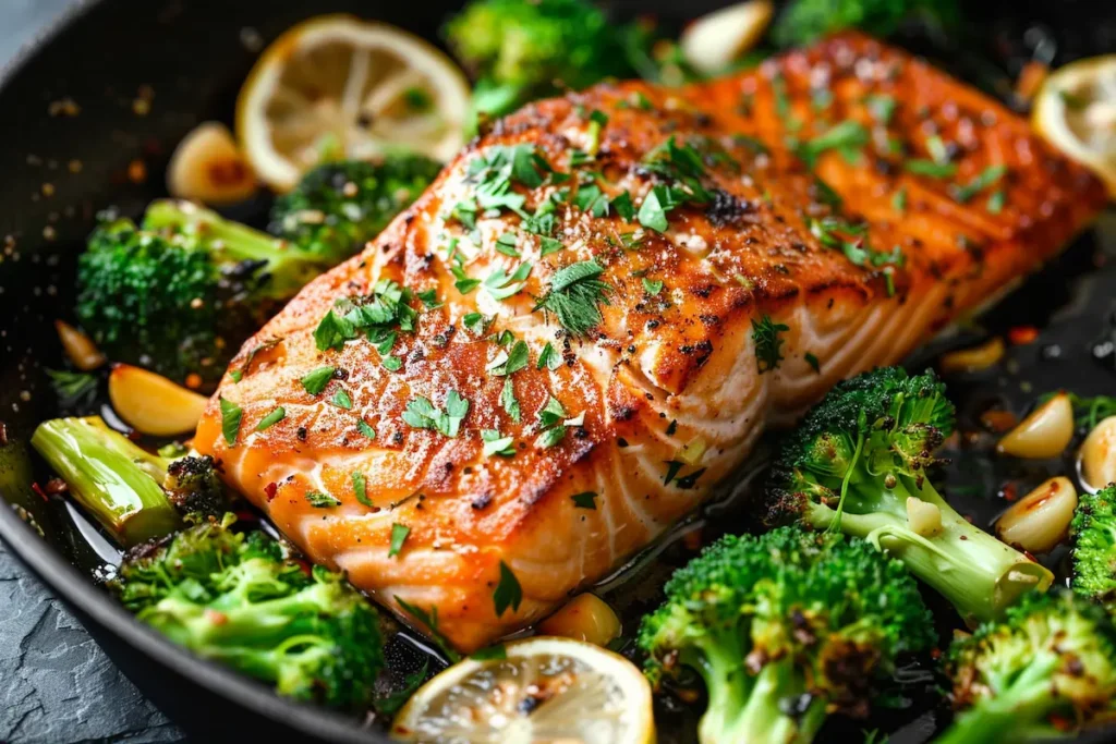 garlicky-salmon-broccoli-skillet One-skillet garlicky salmon with broccoli dinner recipe for semaglutide meal plan