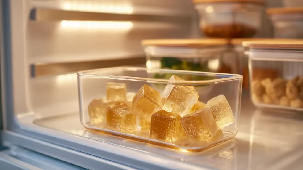 Translucent lemon gelatin cubes stored in glass container in refrigerator