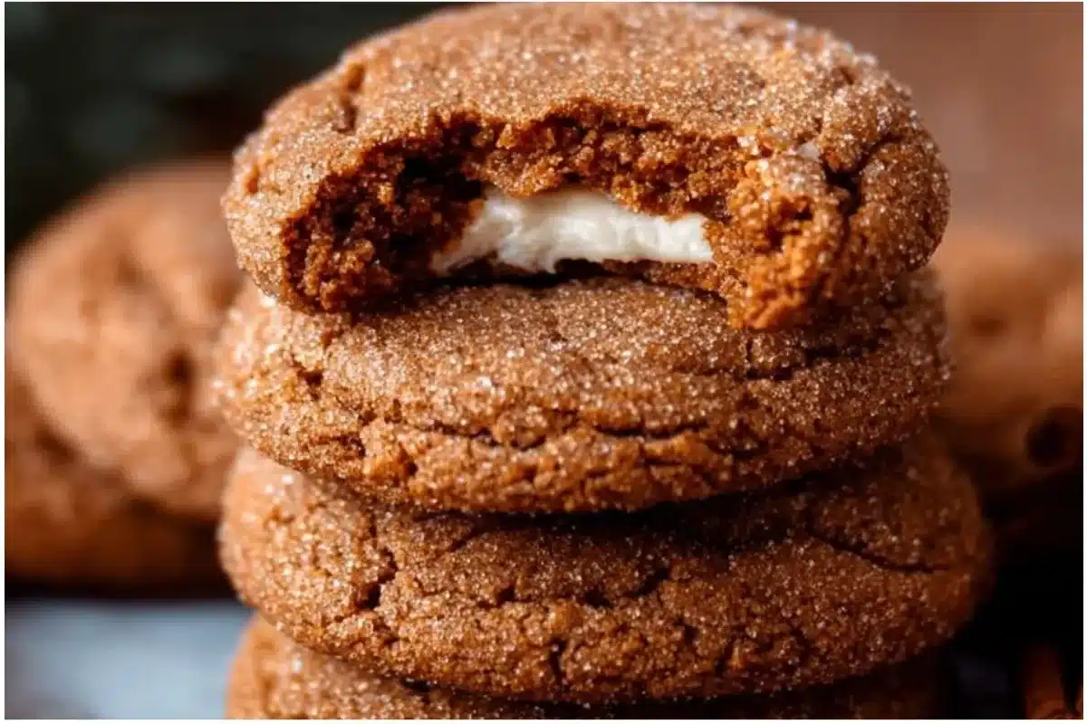 Gingerbread Cheesecake Cookies displayed on a festive platter.