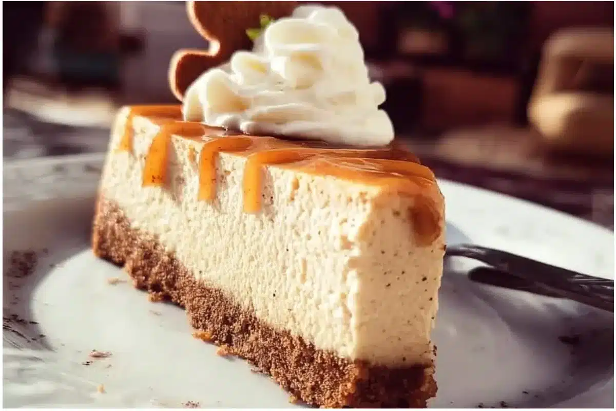 Slice of Gingerbread Cheesecake topped with whipped cream and gingerbread cookie crumbs.