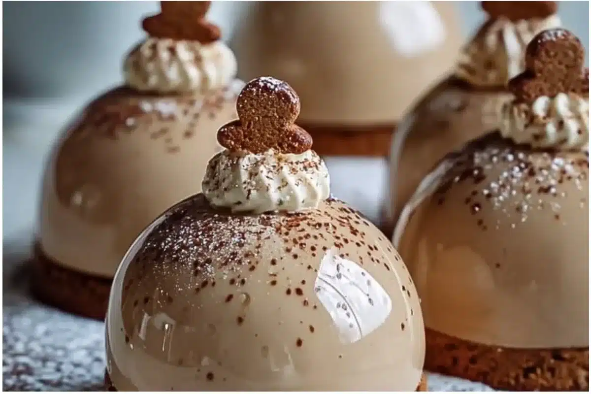 Gingerbread Latte Mousse Domes topped with whipped cream and festive sprinkles
