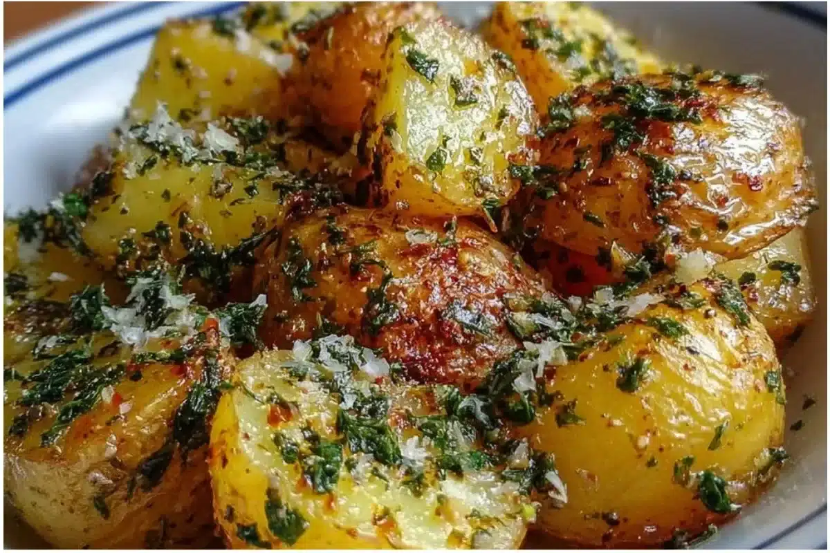 Plate of Greek-style lemon potatoes with herbs and lemon zest