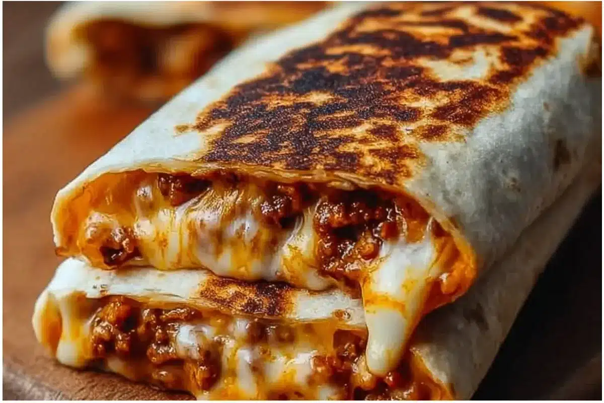 Delicious grilled cheese burrito filled with melted cheese and savory fillings