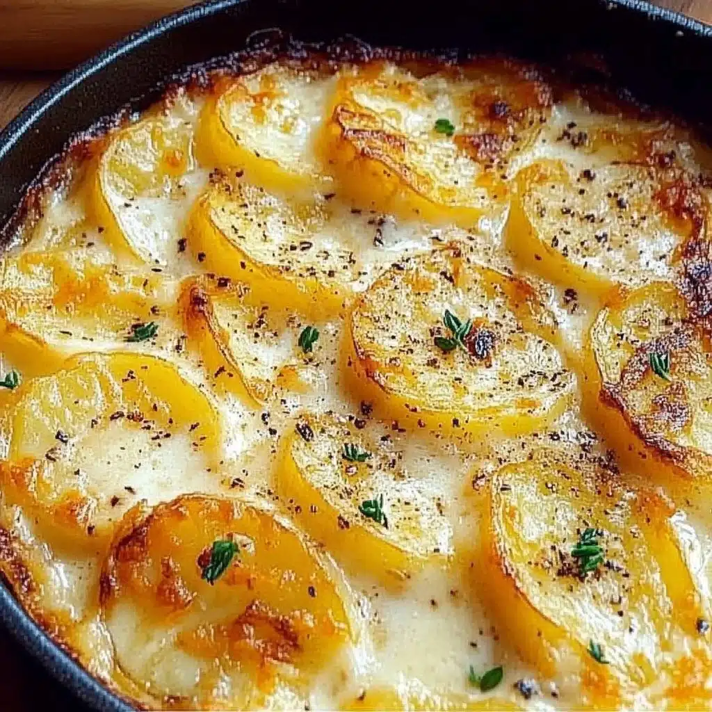 Deliciously layered Gruyere potato gratin ready to be served.