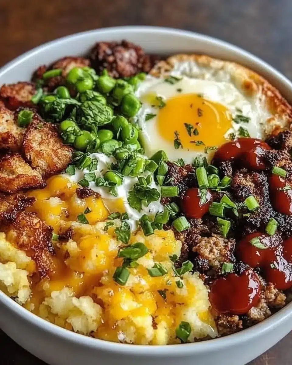 Delicious hash brown breakfast bowl topped with eggs and vegetables