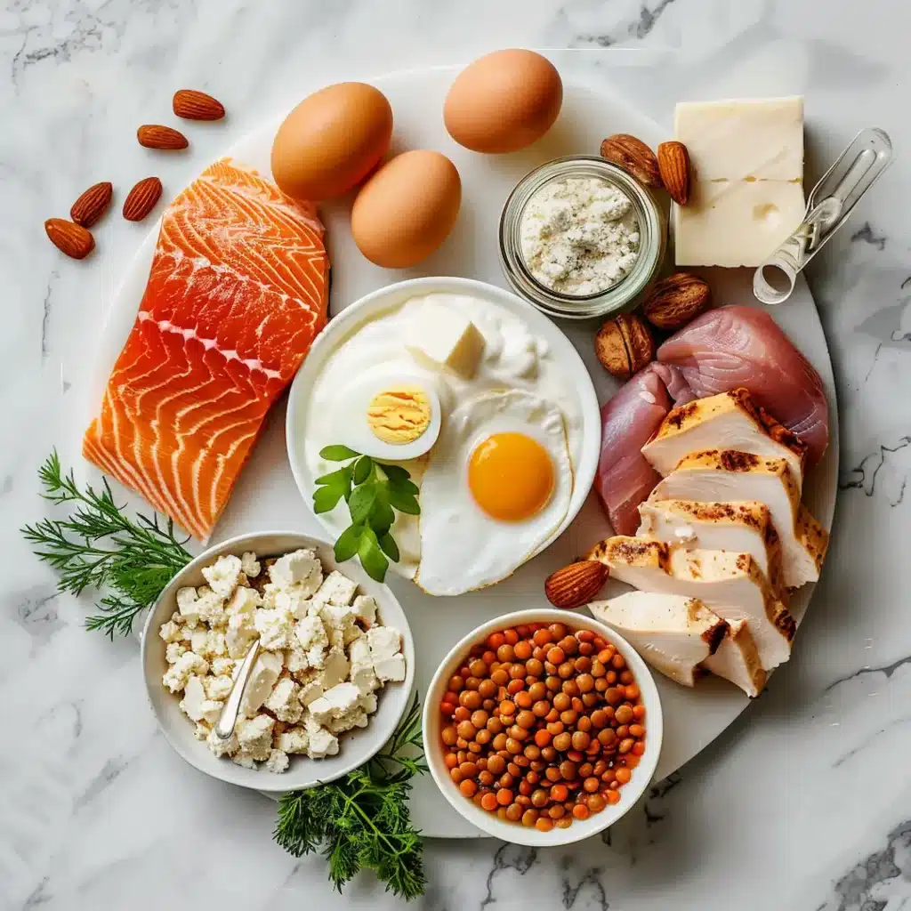 high-protein-foods-flatlay Essential high-protein foods for semaglutide diet including chicken, salmon, eggs, yogurt, and legumes