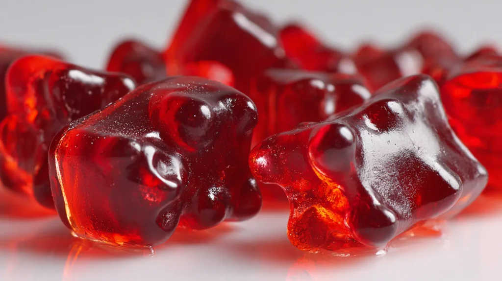 Close-up of homemade healthy gummies showing translucent texture and natural fruit juice colors