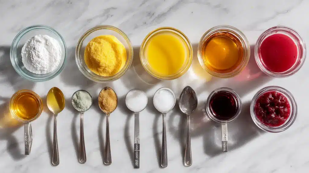 Ingredients for homemade healthy gummies including fruit juice, honey, and unflavored gelatin arranged on white marble countertop