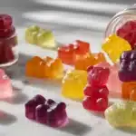 Colorful homemade healthy gummies made with natural fruit juice arranged on white marble surface showing rainbow variety of flavors