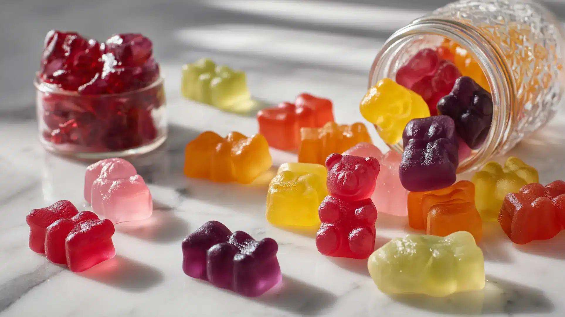 Colorful homemade healthy gummies made with natural fruit juice arranged on white marble surface showing rainbow variety of flavors