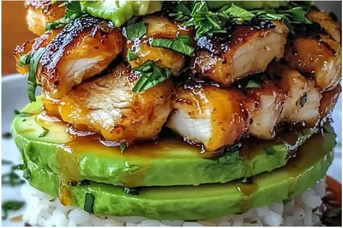 Honey Lime Chicken served with Avocado Rice Stack on a plate