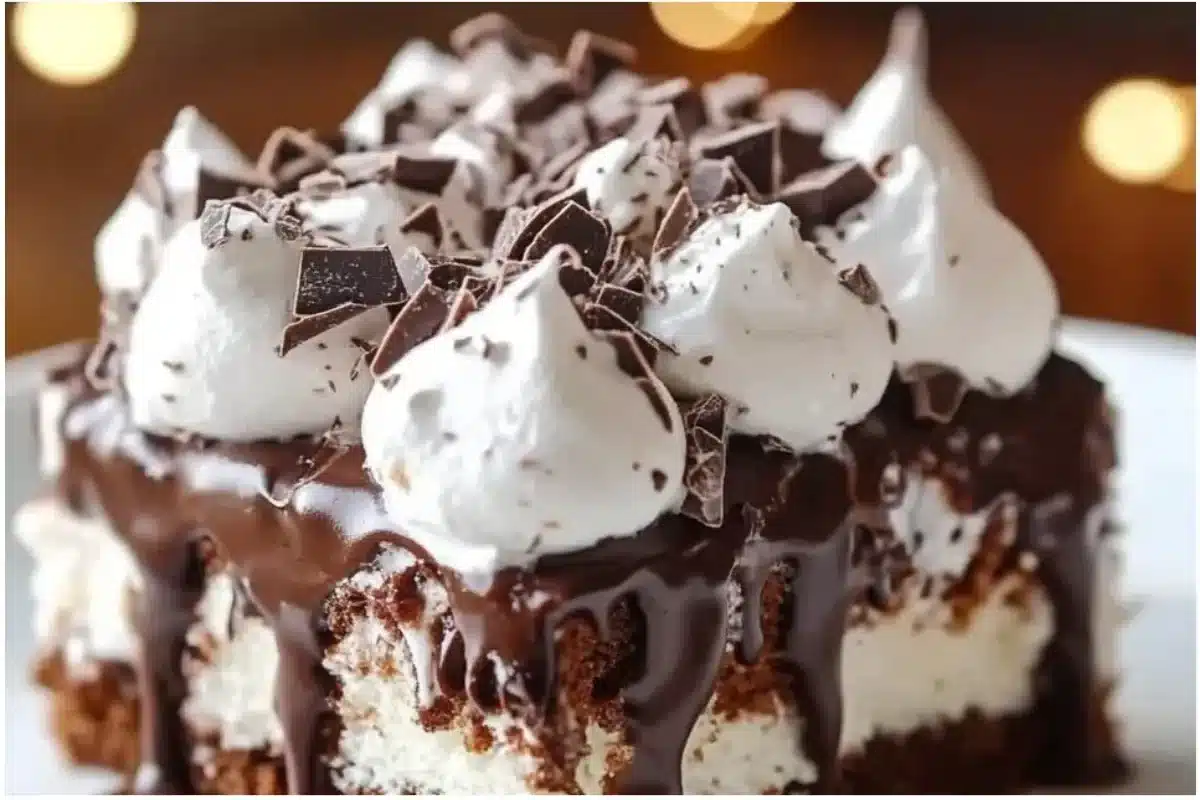 Delicious hot chocolate poke cake topped with whipped cream and chocolate drizzle.