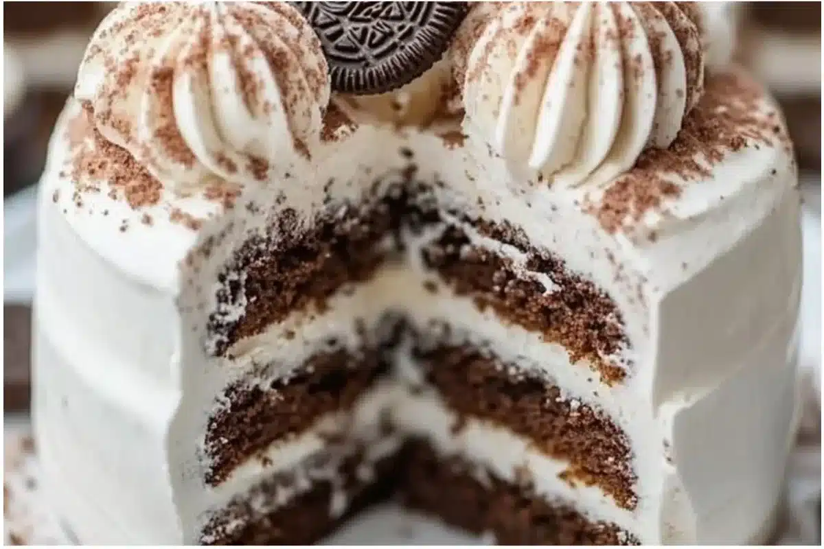 Delicious homemade Oreo cake decorated with festive toppings for Christmas.