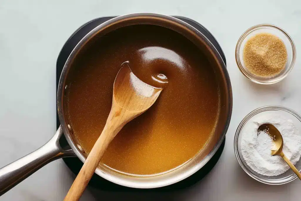 How to Use the Gelatin Trick to Fix Watery Sauces 1 Top view of a saucepan with thick glossy sauce being stirred with a wooden spoon, next to a small bowl of powdered gelatin on a stovetop