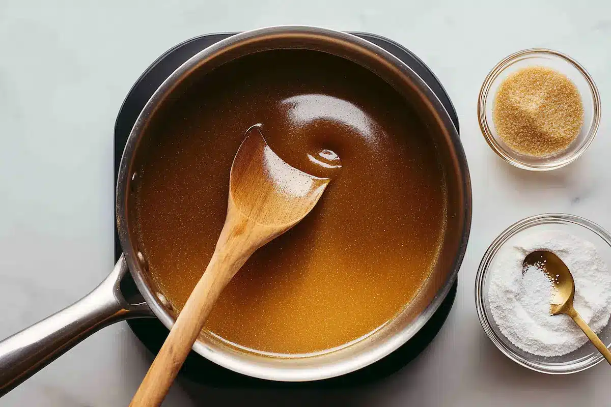Top view of a saucepan with thick glossy sauce being stirred with a wooden spoon, next to a small bowl of powdered gelatin on a stovetop
