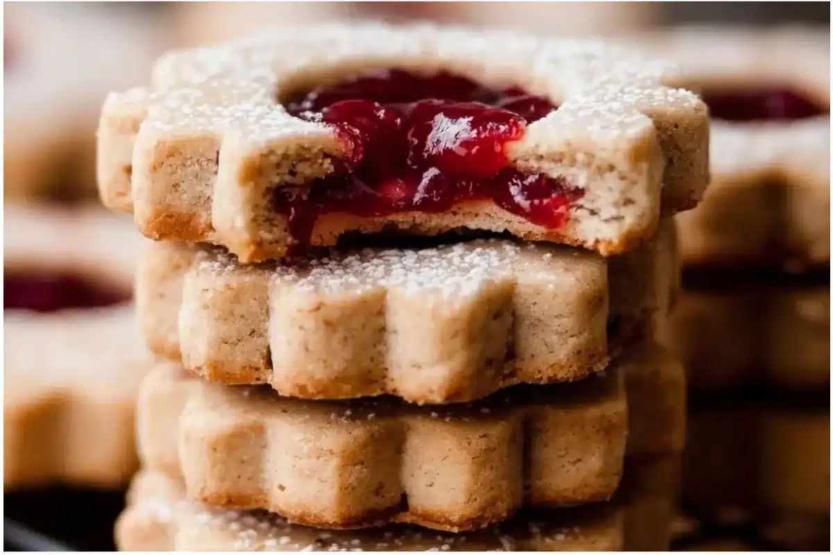 Iced Cherry Almond Linzer Cookies with cherry filling and almond design