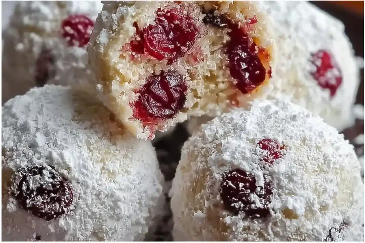 Irresistibly soft cherry snowball cookies dusted with powdered sugar