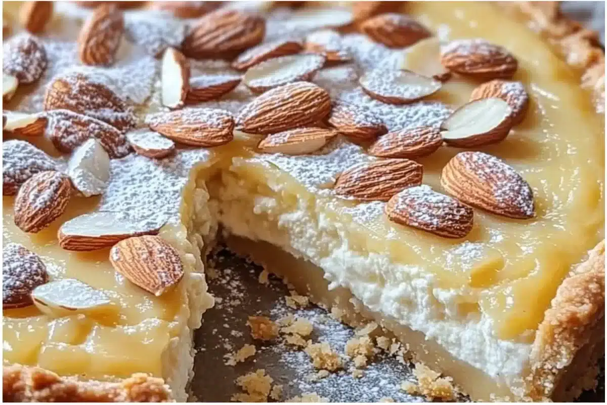 Delicious Italian Almond Ricotta Tart with a golden crust and creamy filling