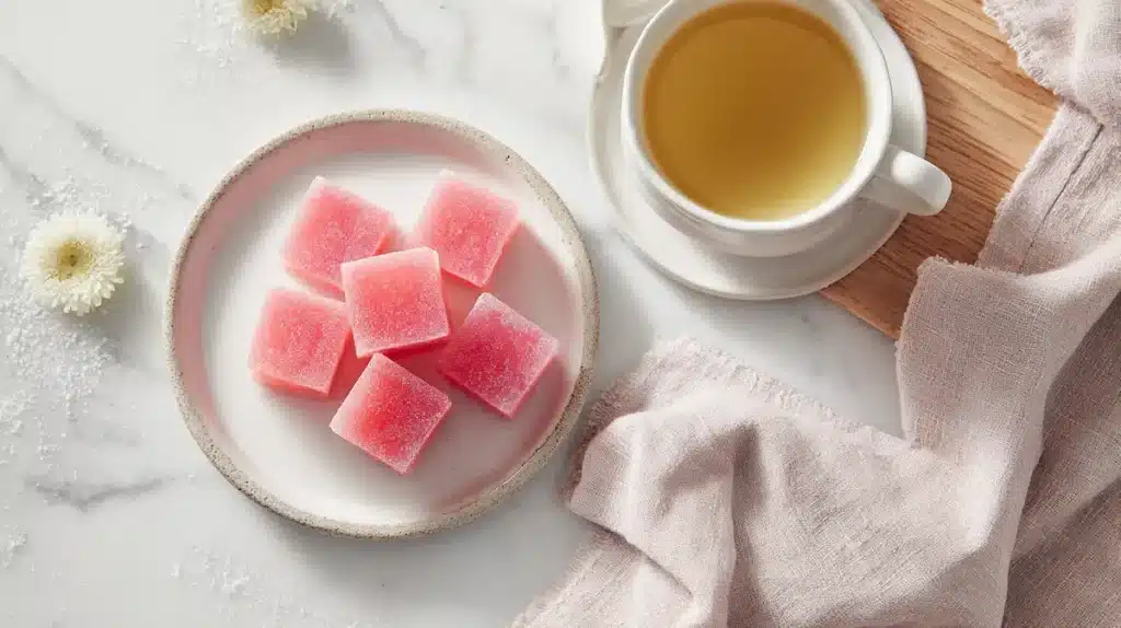 High-protein pink jello squares showing the Jennifer Ashton Gelatin Trick before a healthy meal.